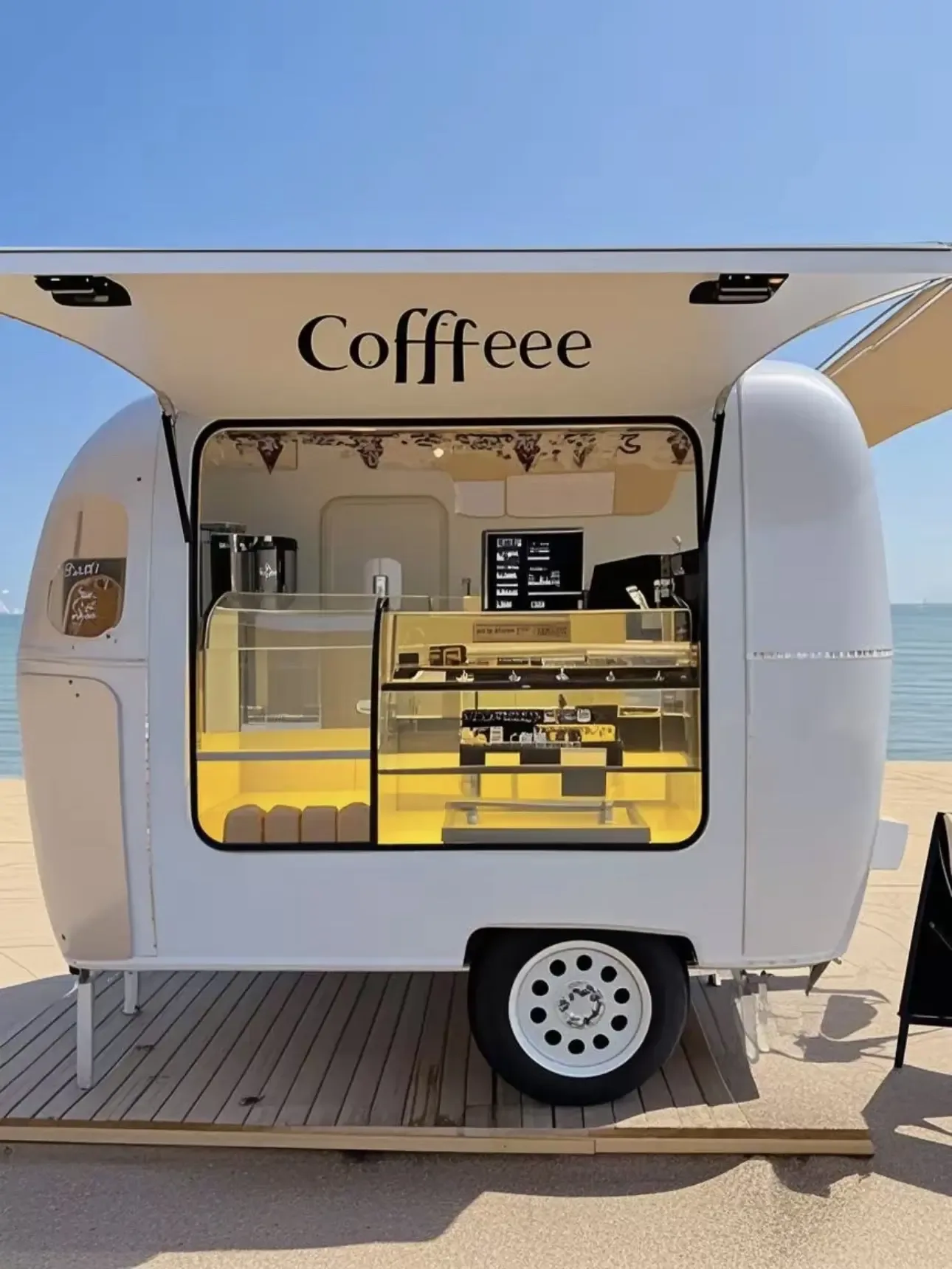 Clean dessert and snack trailer with a display-focused service window