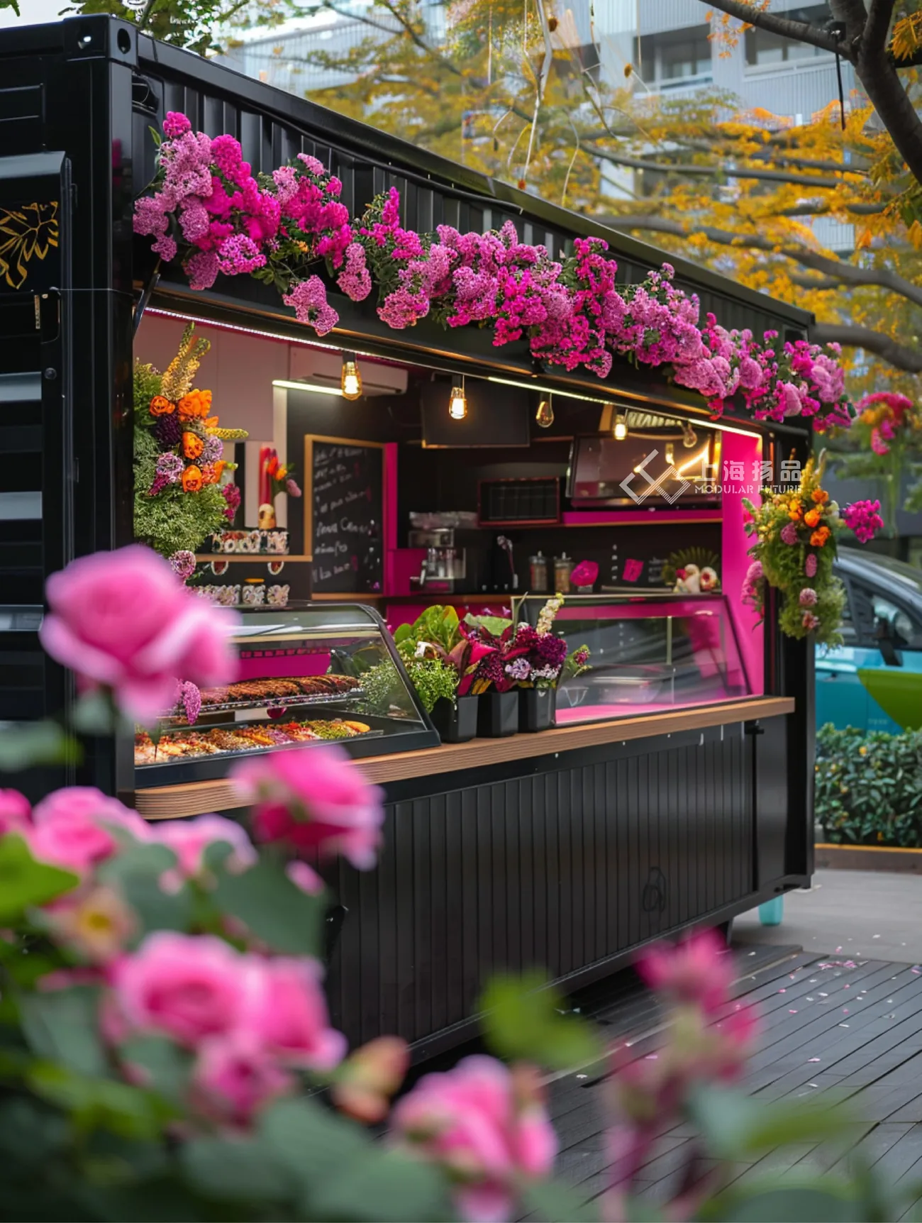 Branded floral container kiosk shown only as visual inspiration